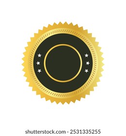 A circular golden emblem with a black center and star accents. The outer ring features a jagged edge, creating a formal and prestigious look. Ideal for certificates and awards