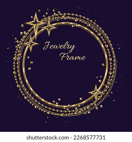 Circular golden frame with large negative space for copy placement. Jewelry intertwined gold chains, beads, shiny stars, small glittering particles. Logo, emblem, badge for anniversary, award