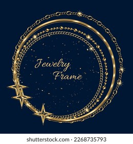 Circular golden frame with large negative space for copy placement. Jewelry gold chains, beads, shiny stars, small glittering particles. Logo, emblem, badge for anniversary, award on dark background