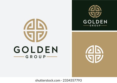 Circular Golden initial G, Monogram GG with Asian Greek pattern for Global Gold Company logo design