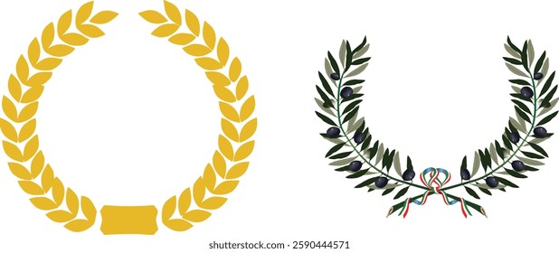 Circular golden laurel wreath and olive branch with italian flag ribbon symbolizing victory, peace, and italian heritage