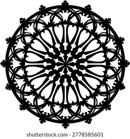 Circular Gothic Rose Window: A detailed illustration of a gothic rose window featuring a complex design with intricate patterns and shapes, showcasing architectural elegance.