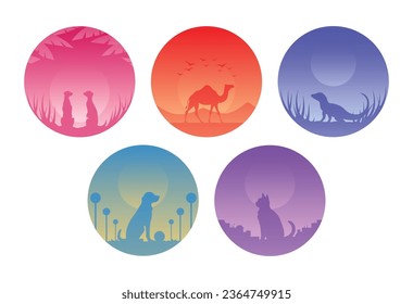 Circular gradient illustration collection with animal silhouette.