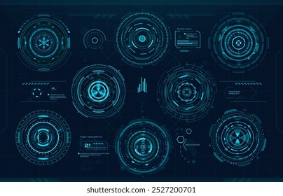 Circular graph bars and futuristic digital HUD elements of Sci Fi UI, vector neon interface. HUD screen interface elements with digital bars and graphs for virtual future UI or GUI panel with buttons