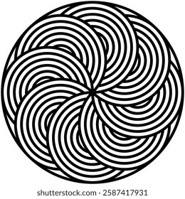 Circular graphic design of black and white concentric arching lines radiating from a central point in a spiral pattern, hypnotizing effect.