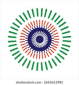 Um design gráfico circular com anéis concêntricos de linhas radiais. O anel mais externo é verde, o anel médio é laranja e o anel mais interno é azul com linhas brancas.