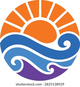 Circular graphic design, sun rays, blue and purple water, summer scene.