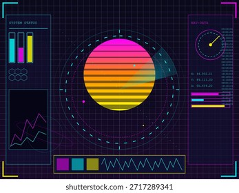 A circular graphic displays bright lines in yellow and pink. Surrounding it are different charts and data readings. The layout suggests a digital interface showing system status and metrics.