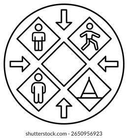A circular graphic displays a central empty diamond shape. Four smaller diamond shapes are arranged around the center, each containing a simple line art symbol.
