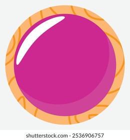 A circular graphic featuring a glossy purple sphere on a textured orange background.