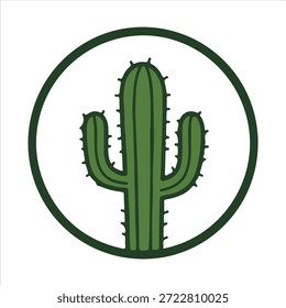 Eine kreisförmige Grafik mit einem lebendigen grünen Saguaro-Kaktus, der das botanische Leben in der Wüste zeigt.