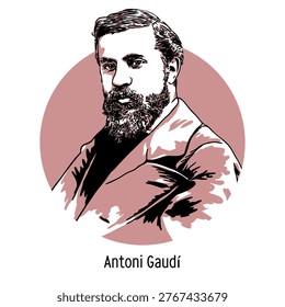 Circular graphic illustration of Antoni Gaudi. Modern stylized portrait capturing the iconic features of the creator of Sagrada Familia and Park Guell. Ideal for historical, art, and architecture projects.