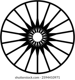 Circular graphic with radial lines and central opening, presented in stark black and white for a visually striking design.