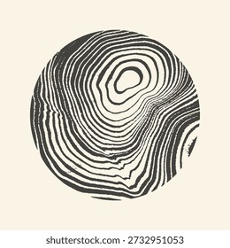A circular graphic showcasing a textured wood grain pattern with concentric rings in a high-contrast black and white linocut style, perfect for rustic and organic designs.