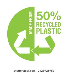 A circular green badge - Made from 50 recycled plastic, with sustainable branding element, ecofriendly graphics