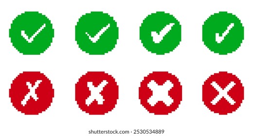 Circular Green Checkmark and Red Cross Pixel Icon Set. Retro Pixelated Round Symbols for Correct and Incorrect Actions. Isolated Vector Illustration.