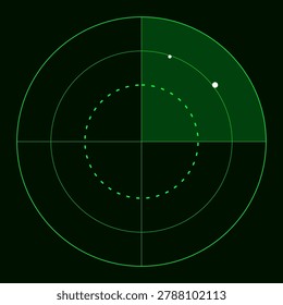 Circular green digital radar screen interface with scanning sweep lines and white blips for marine and military illustration