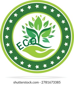 A circular green emblem featuring a stylized green hand cradling a flourishing plant with multiple leaves, symbolizing environmental protection and organic growth. The central design includes the text 