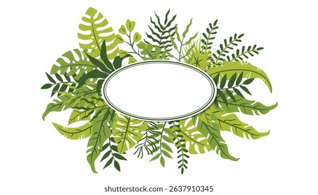 Circular green frame with palm and monstera leaves in flat cartoon style. A fresh tropical border perfect for summer posters, beach party designs, or vacation-themed graphics.