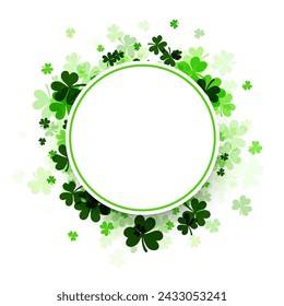 A circular green frame surrounded by a diverse array of clover leaves with varying shades of green, perfect for St. Patrick's Day themed projects.