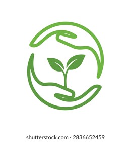 Circular green hands vector logo holding and protecting a growing plant sprout
