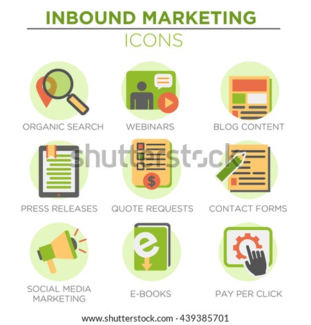 Circular Green Inbound Marketing Vector Icons with organic search, ppc, blog content, press release, social media marketing, contact form, ebook, video, webinar, and quote request 