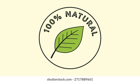 Etiqueta verde circular con una sola hoja y el texto cien por cien natural sobre un fondo amarillo claro para productos orgánicos.