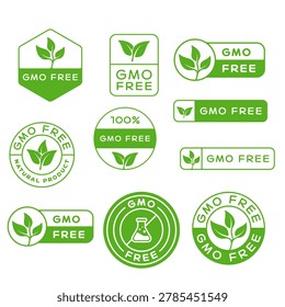 Circular Green Non GMO Seal Emblems. 100% Natural Organic Food Badges. Verified Eco Friendly Product Logos.