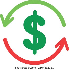 Flechas circulares verdes y rojas alrededor del signo del dólar central que simbolizan transacciones financieras o actividad económica