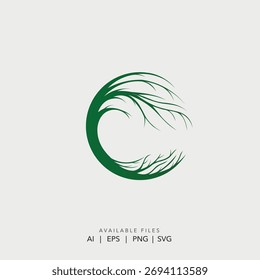 Diseño circular del logotipo del árbol verde, icono abstracto de la rama soplada por el viento, logotipo ecológico del Vector de negocios