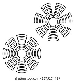 Circular grid icons. Abstract radial shapes. Black vector illustrations. Minimal symmetric design.