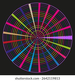 Circular grid target. Neon radial lines. Vector dark background. Colorful spiral form.