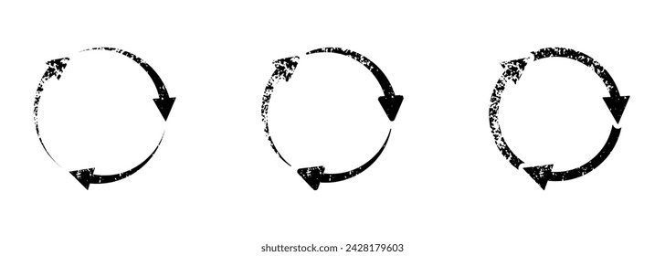 Circular Grunge Arrow Set. Refresh, Repeat, Reuse Black Paintbrush Symbol Collection. Reload Process Pictogram. Brush Stroke Circle Arrows. Eco-Friendly, Recycle Icons. Isolated Vector Illustration.