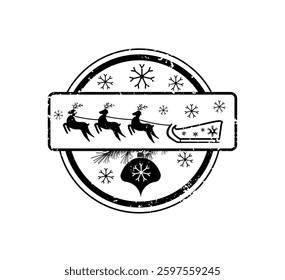 Circular grunge emblem featuring reindeer pulling a sleigh with Christmas ornaments and snowflakes.