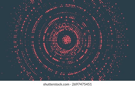 Circular Halftone Pattern Concentric Circles Frame Vector Red Black Colour Abstract Background. Mod Minimalist Art Half Tone Graphics Rippled Structure. Retro Futurism Technology Art Illustration

