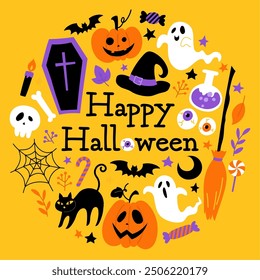 Circular Halloween vector illustration material_yellow background
