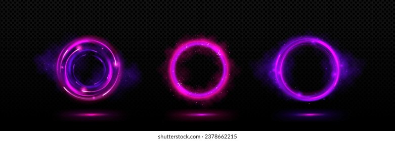 Los efectos de la luz halo circular se aislan sobre un fondo transparente. Ilustración vectorial realista de marcos avatares redondos en colores rosa, azul, púrpura con partículas brillantes y humo, portal mágico