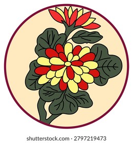 A circular Hanafuda card featuring a chrysanthemum and dregs.