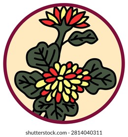 A circular Hanafuda card featuring a chrysanthemum and dregs