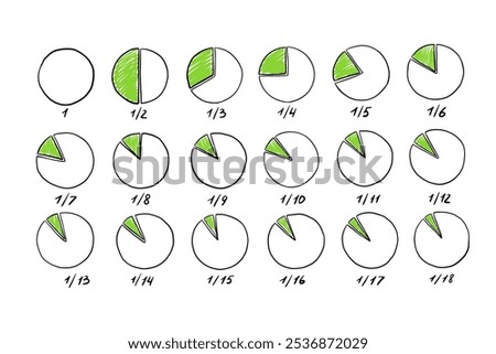 Circular hand drawn chart for infographic, pie or pizza slice. Wheel division into fractions, circular shape sectors. Vector doodles