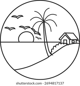 Circular Hand Drawn Tropical Beach Sunset with Palm Tree and Bungalow Outline Vector