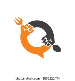 circular hand holding spoon and fork with bubble chat shape vector icon