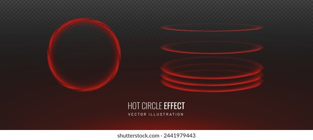 Concepto de efecto de calor circular de un elemento de calefacción realista. Superficie de cocción al rojo vivo - elemento de diseño sobre un fondo transparente. Ilustración de vector