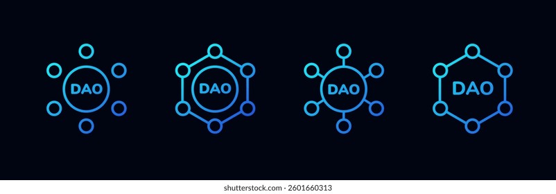 Circular and hexagonal logos with dao in the center connected by lines and dots.
