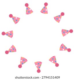 A circular holiday frame made of pink birthday cone caps adorned with blue, yellow, and red polka dots and a dark pink pompom, forming a ring on a white background. The festive border includes a spacious central blank area, making it perfect for children's party invitations, custom text, or anniversary cards.