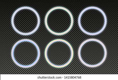 Circular holographic frames set in psychedelic vaporwave style. Glowing neon design elements. Futuristic geometric figures on dark background. Retro 80s-90s color gradients.