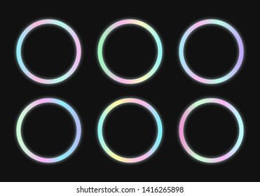 Circular holographic frames set in psychedelic vaporwave style. Futuristic geometric figures on dark background. Retro 80s-90s neon colors.