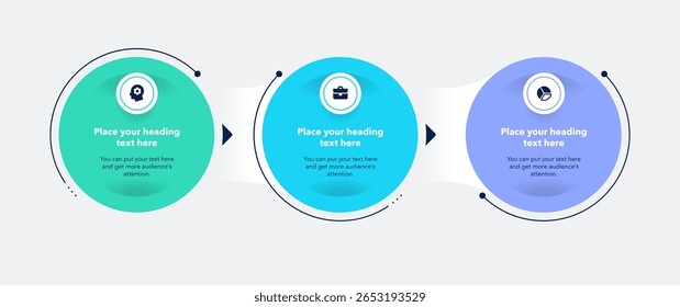 Modelo de infográfico de processo circular horizontal com três opções ou etapas. Diagrama de apresentação plana com ícones minimalistas para visualização de dados.