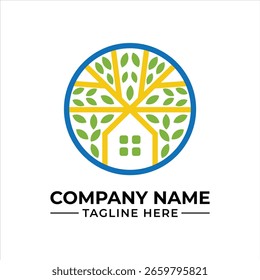 Idea circular del diseño del logotipo de la casa y del árbol para la empresa inmobiliaria o de la sostenibilidad con los Elementos naturales y el marco azul