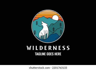 Circular Howling Wolf Line Outline style for Outdoor Adventure T Shirt Logo Design Vector